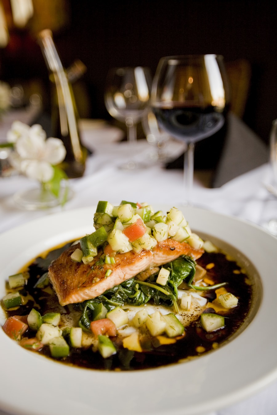 Pan-seared fish with vegetables, fine dining plating